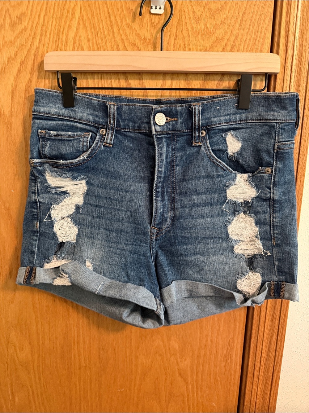 Express Distressed Rolled-Hem Denim Shorts - Blue